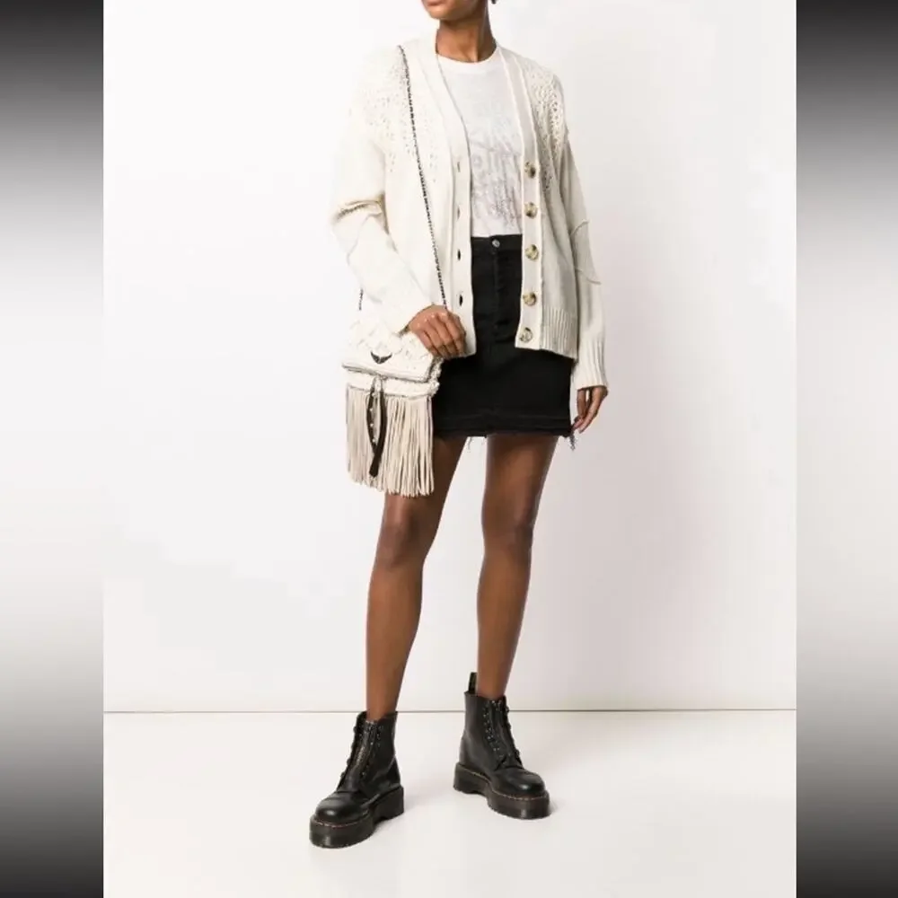 $778 Zadig & Voltaire Elton Recycled Cashmere Cardigan Sweater in Cream NWT